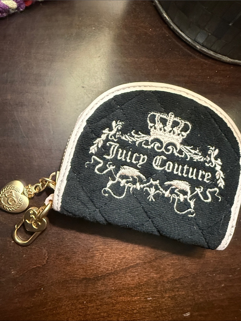 Juicy Couture Black Quilted Key & Card Holder with Light Pink Trim